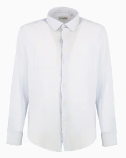 YELLOW DOG - Camicia manica lunga riga goffrato celeste e bianco in cotone
