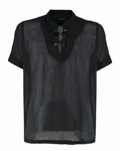 YELLOW DOG - CAMICIA MEZZA MANICA NERA, SCOLLO A V E LACCI FROTALI