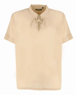 YELLOW DOG - CAMICIA MEZZA MANICA BEIGE, SCOLLO A V E LACCI FROTALI