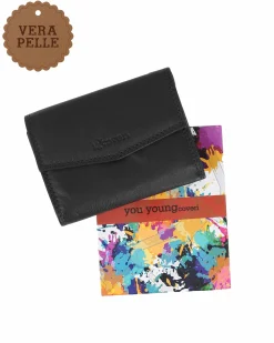 YOU YOUNG COVERI - Portafoglio nero in VERA PELLE da donna con patta e taschino posteriore