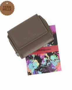 YOU YOUNG COVERI - Portafoglio piccolo taupe in VERA PELLE con pattina e tasca portamonete