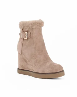 ZOE - Stivale khaki scamosciato con zip laterale e dettaglio bordo con pelliccetta, zeppa 9CM