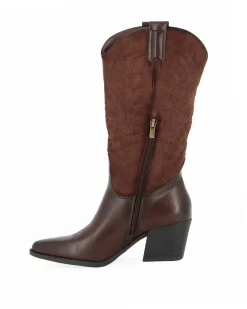ZOE - Stivale texano marrone con gambale scamosciato e zip laterale, tacco 6CM