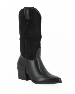 ZOE - Stivale texano nero con gambale scamosciato e zip laterale, tacco 6CM